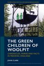 "THE GREEN CHILDREN OF WOOLPIT" oben, Illustration mit zwei grünen Kindern, einem Turm und einem Tier drüber.