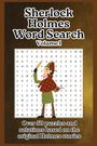 „Sherlock Holmes Word Search Volume 1“. Illustration mit Sherlock Holmes, Lupe und Wörtersuche-Rätsel.