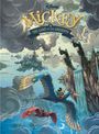 Text: "Mickey & The Land of the Ancients". Illustration von Mickey auf einem riesigen, farbenfrohen Vogel über einer fantastischen Landschaft.