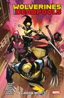 "Wolverines and Deadpools: Claws & Mercs." Illustration mit Helden in Aktionposen, dynamischer Hintergrund in einer Stadt.