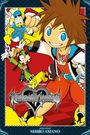 "Kingdom Hearts: Chain of Memories" von Shiro Amano. Illustration von Charakteren mit bunten Outfits und fröhlichen Gesichtern.
