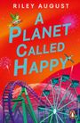 "A Planet Called Happy". Riesenrad, Achterbahn, Papagei auf Rakete, bunte Feuerwerke, rote Kulisse, bunte Illustrationen.