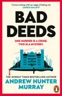 „BAD DEEDS“, „One murder is a crime. Two is a mystery.“ Illustration einer Burg, Bäume und ein Fluss.