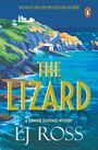 Buchtitel: "The Lizard". Autor: "LJ Ross". Küstenlandschaft mit Klippen und blauen Wasser. Häuser auf einem Hügel. Logo mit Pinguin.
