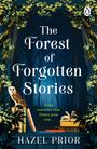 "The Forest of Forgotten Stories" von Hazel Prior. Eule auf Büchern, Waldhintergrund, umrahmt von blätterreichen Ästen.