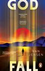 "Something astonishing is heading our way..." Van Jensen. Eine Person geht in Richtung eines großen, roten Sonnenuntergangs.