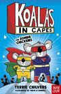 "Koalas in Capes" und "The Zombie Chickens." Zwei gezeichnete Koalas in Superheldenkostümen.