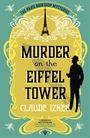 „Murder on the Eiffel Tower, Claude Izner.“ Silhouette eines Mannes mit Hut, Eiffelturm und florale Muster.