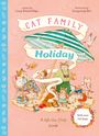 "Cat Family Holiday", Buchcover-Illustration: Katzen genießen Urlaub am Strand unter einem gestreiften Sonnenschirm.