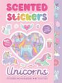 "Scented Stickers Unicorns" in bunten Buchstaben. Illustrationen von Einhörnern, Herzen, Popcorn und Regenbogen.