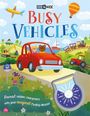 Text: "Busy Vehicles. Reveal hidden characters with your magical finding device!" Illustration: Tiere im Auto, bunte Fahrzeuge.