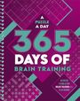 „A Puzzle a Day: 365 Days of Brain Training“. Hintergrund mit Rätseln und Texten in Lila und Türkis.