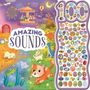 „Amazing Sounds“ und „100“ in buntem Design. Illustrationen mit Tieren, einem Karussell, Luftballon und Feuerwerk.