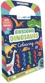"AWESOME DINOSAURS Colouring" mit Dinosauriern und stapelbaren Wachsmalstiften als Illustration.