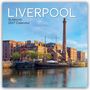 "LIVERPOOL, 16-Month 2027 Calendar." Historische Gebäude am Wasser, ein Schiff und ein markanter Schornstein im sonnigen Licht.