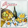 Text oben: "2027 Calendar Cézanne". Gemälde mit Früchten, Flasche und Gebäck auf Tisch.