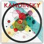 Text: "KANDINSKY 2027 Calendar". Buntes abstraktes Gemälde mit Kreisen, Linien und geometrischen Formen in einem dicken schwarzen Kreis.