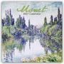„Monet 2027 Calendar“. Impressionistisches Gemälde mit Bäumen am Flussufer und Spiegelung im Wasser.
