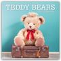 "Teddy Bears 2027 Calendar" steht oben. Ein Teddybär mit roter Schleife sitzt auf einem alten Koffer vor einem türkisfarbenen Hintergrund.