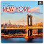 "16-Month 2027 Calendar NEW YORK" in roter Schrift, darunter die Manhattan Bridge bei Sonnenuntergang vor der Skyline.