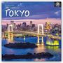Text: "16-Month 2027 Calendar TOKYO". Eine beleuchtete Stadtansicht bei Dämmerung mit Brücke und Fernsehturm im Hintergrund.