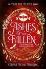 „Ashes of the Fallen“ in verschnörkelter Schrift, umgeben von Flammen, Vögeln und Pflanzen auf rotem Hintergrund.