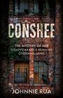 "CONSHEE" in großen Buchstaben, mysteriöse Atmosphäre; Text über ein Verschwinden, Name darunter: Johnnie Rua.