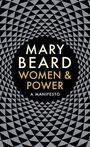 MARY BEARD, WOMEN & POWER, A MANIFESTO. Schwarzer Hintergrund, weiß-goldener Text, hypnotisches, spiralförmiges Muster.