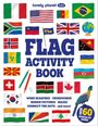 "The Flag Activity Book" steht in großen Buchstaben, umgeben von bunten Flaggen, einem Globus und einer Illustration eines Vogels.