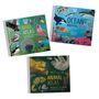 "Bird Atlas", "Ocean Animal Atlas", "Animal Atlas" mit bunten Illustrationen von Tieren auf den Covern.