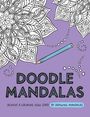 Text: "DOODLE MANDALAS" und "Achieve a calming flow state by drawing mandalas." 
Illustration: Schwarz-weiße Mandalas auf lila Hintergrund mit einem blauen Stift.