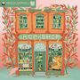 „BOOKSHOP“, „THE COZY BOOKSHOP“. Illustration eines orangefarbenen Gebäudes, umgeben von Herbstblättern.