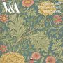 "Calendar 2027, William Morris Wallpapers". Florales Muster mit großen Blättern und bunten Blüten auf blauem Hintergrund.