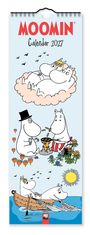 "Moomin Calendar 2027" in roten und schwarzen Buchstaben. Comicfiguren entspannen auf Wolken, beim Picknick und im Boot.