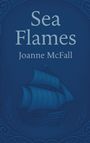 "Sea Flames" und "Joanne McFall" auf blauem Hintergrund. Eine Illustration eines Segelschiffs darunter.