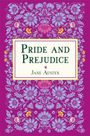 „Pride and Prejudice“, „Jane Austen“. Florales Muster, violett und blau, gelb akzentuiert, dekorativ.