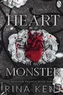 "Heart of My Monster. Monster Trilogy Book Three. Rina Kent." Ein anatomisches Herz, umgeben von weißen Rosen und Patronen.