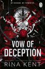 „My husband. My tormentor.“ steht oben, gefolgt von „Vow of Deception“. Rote Rosen umrahmen einen Kompass.