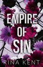 „Empire of Sin“ in großen Buchstaben, darunter „Rina Kent“. Bunte und schwarze Blumen auf violettem Grund.