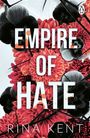 „EMPIRE OF HATE“ in großen weißen Buchstaben, dahinter rote Blumen und schwarze Dornen, ein kleines Pinguin-Logo oben rechts.