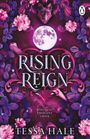 "Rising Reign", darunter "Wolves of Crescent Creek". Illustration mit Vollmond, Wolfskopf, Rosen und violetten Blättern.