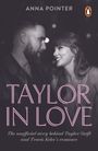 Texte: "ANNA POINTER", "TAYLOR IN LOVE", "The unofficial story behind Taylor Swift and Travis Kelce's romance."  
Personen lachen sich an. Ein Pinguin-Logo.