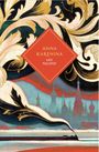 "Anna Karenina, Leo Tolstoy" in rotem Rhombus. Eine stilisierte Lokomotive vor einer Silhouette russischer Gebäude.