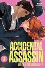 "ACCIDENTAL ASSASSIN" in gelber Schrift. Zeichnung eines Mannes und einer Frau in Anzügen mit rosa Hintergrund.
