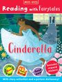"Cinderella." Bunte Illustration eines Mädchens im Ballkleid vor einem Schloss, umgeben von Blumen und Lichtern.