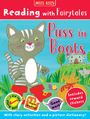 Text: "Reading with Fairytales", "Puss in Boots", "Includes reward stickers". Illustration einer Katze mit Stiefeln.