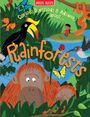 "Curious Questions & Answers about Rainforests"; Illustration einer Dschungel-Szene mit Tieren wie Orang-Utan und Tukan.