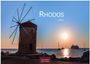 Text: "RHODOS 2027". Eine Windmühle steht im Vordergrund, dahinter ein Sonnenuntergang über dem Meer mit Segelbooten.