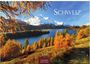Text: „SCHWEIZ“, „2027“. Herbstliche Landschaft mit bunten Bäumen, einem blauen See und verschneiten Bergen im Hintergrund.