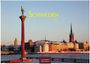 Text: "SCHWEDEN 2027" und "CASARES EDITION". Stadtansicht im Sonnenuntergang mit Turm und Statue im Vordergrund.